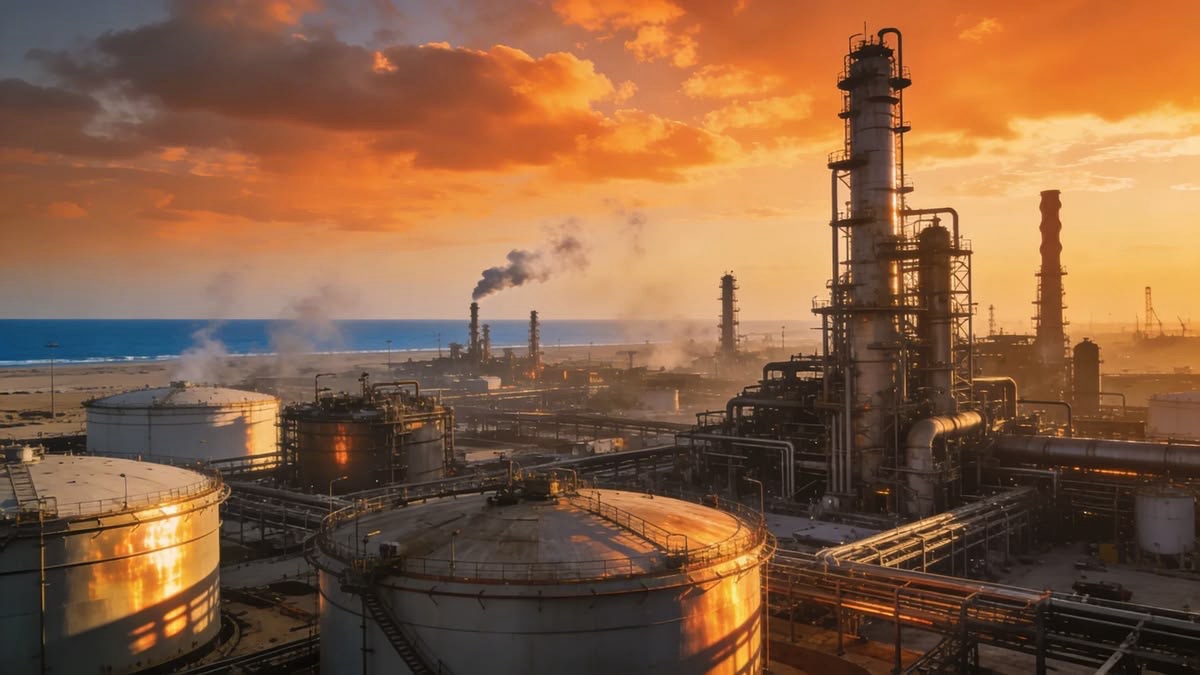 Refinery and storage tanks at sunset